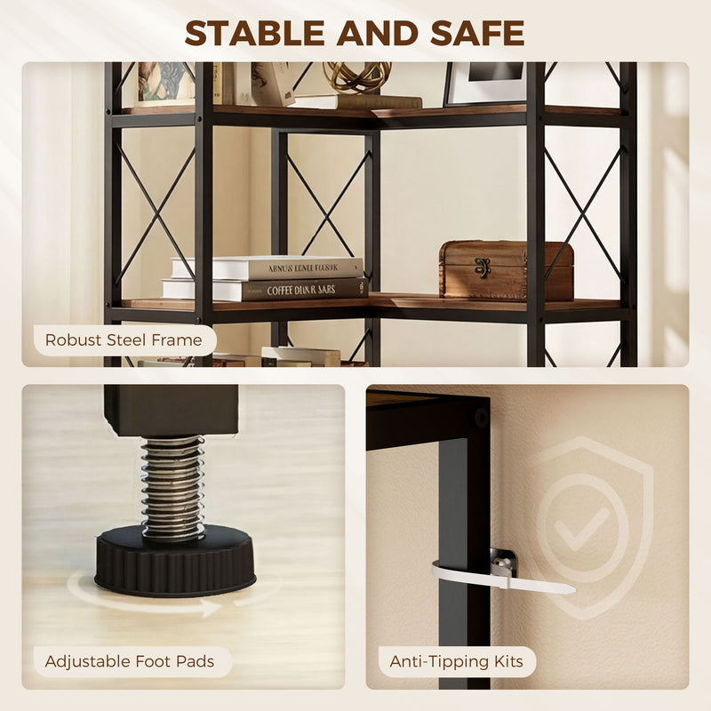 Corner Bookshelf with 5 Shelves for Space Saving Storage and Display Rustic Brown Homcom