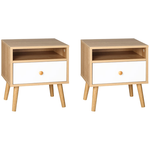 Set of 2 Bedside Tables with Drawer and Shelf Modern Nightstands for Bedroom Natural