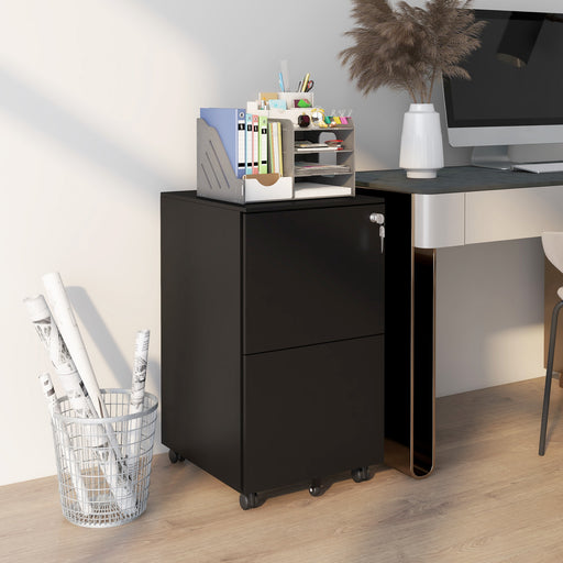 2 Drawer Lockable Steel Filing Cabinet with Wheels for A4 and Legal Documents, Black