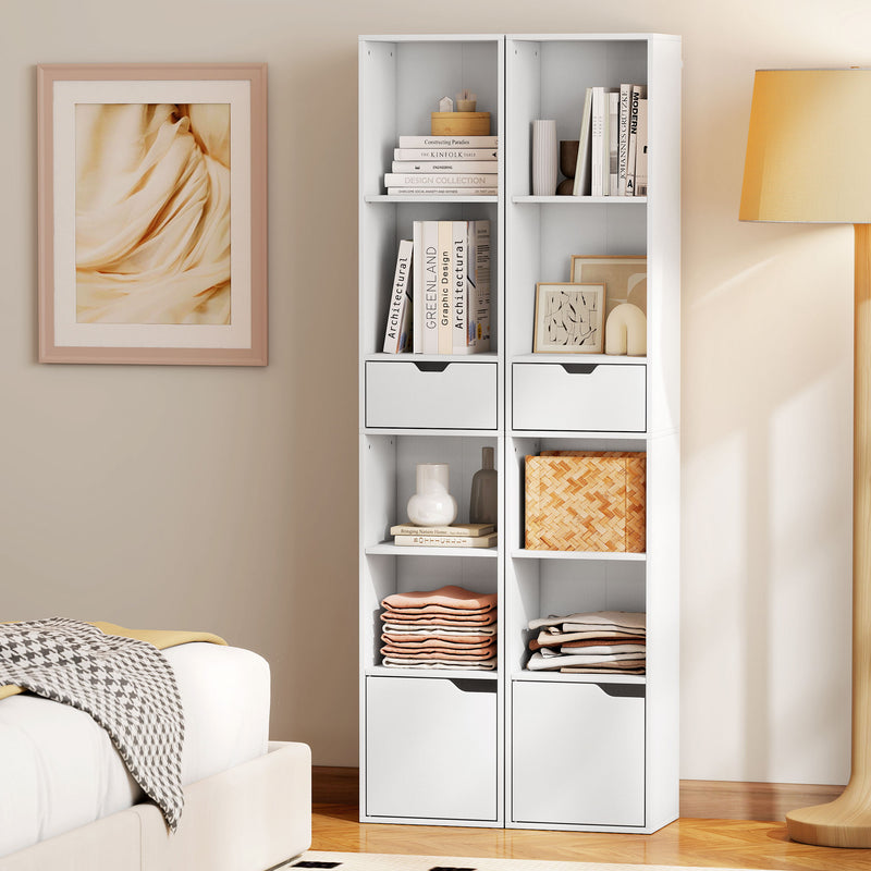 Tall 6 Tier Narrow Bookcase With Drawer and Storage Cabinet for Home Office White AOSOM