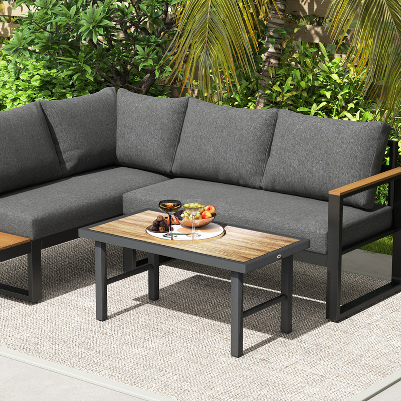 Metal Rectangular Garden Coffee Table with Woodgrain SPC Tabletop for Outdoors 100cm Brown by Outsunny