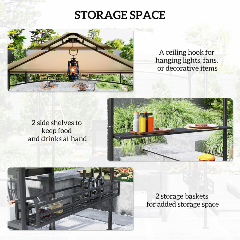 8 x 5 ft Beige Grill Gazebo Canopy Double Tier BBQ Shelter with Shelves and Hooks by Outsunny