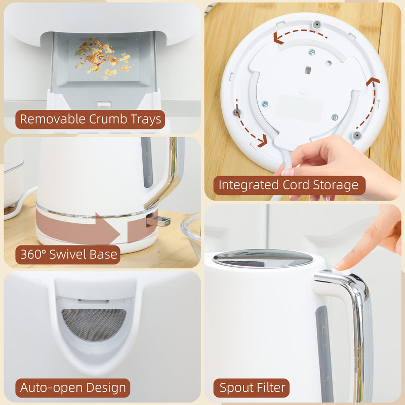 White 1.7L Fast Boil Cordless Kettle and 2 Slice Toaster Set With 6 Browning Levels by HOMCOM