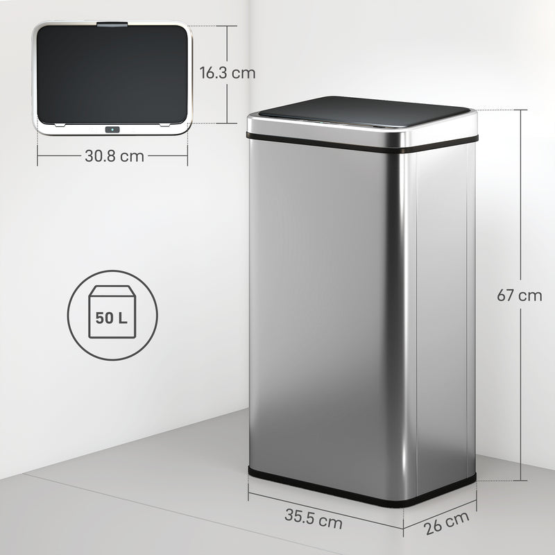 Sensor Kitchen Bin 50L Touch Free Waste Disposal with Motion Sensor Silver Black Homcom