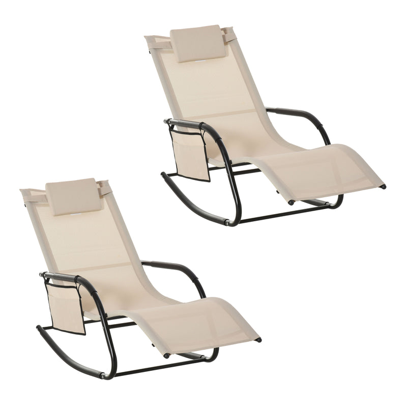 2 Piece Garden Rocking Sun Lounger Set with Mesh Fabric and Storage Bag Cream White AOSOM