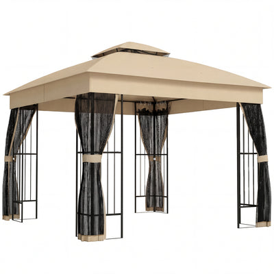 3x3m Garden Gazebo with Metal Frame Mesh Sides and Shelves for Shaded Outdoor Relaxing Brown Outsunny