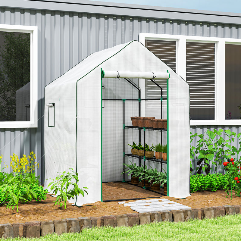 Mini Walk In Greenhouse 143 x 140cm with Shelves and Cover White by Outsunny