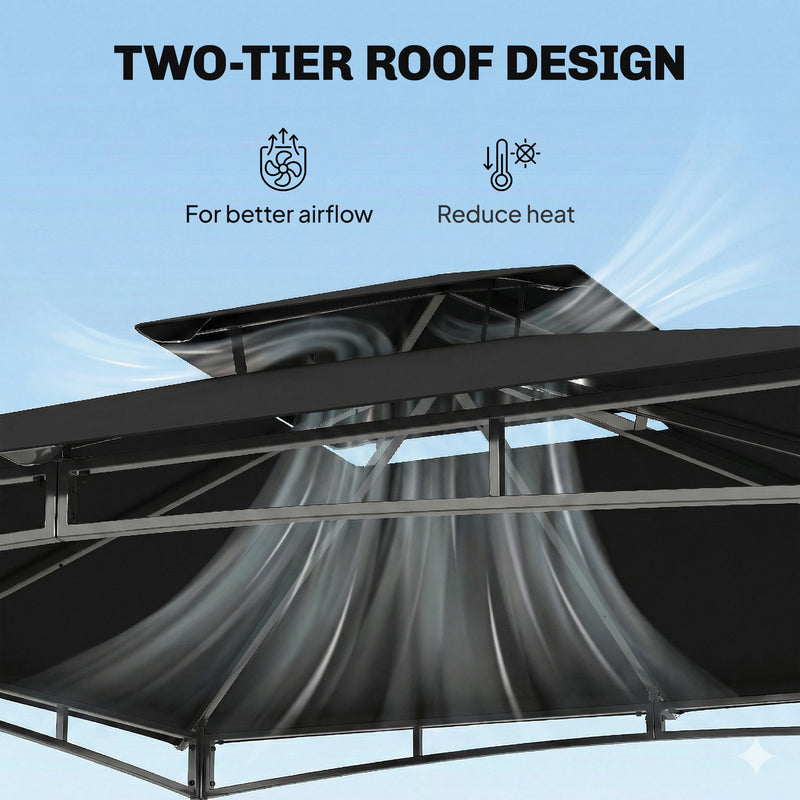 3x3m Metal Garden Gazebo with 2 Tier Canopy for All Weather Shelter and Gatherings, Black Outsunny