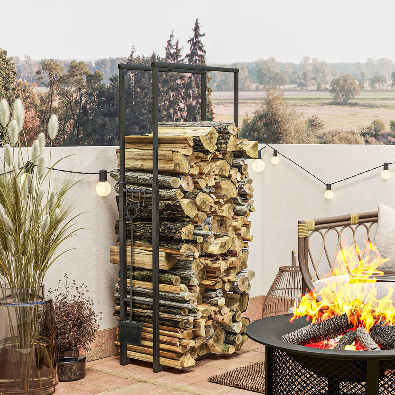 Adjustable Metal Firewood Log Holder for Indoor or Outdoor Storage Use, Black