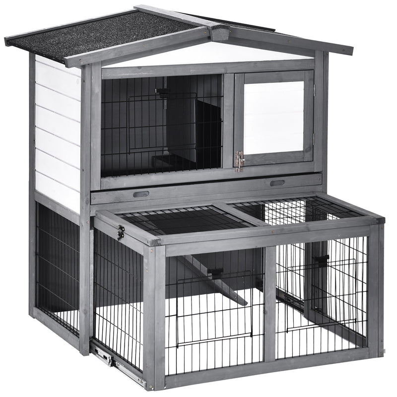 2 Tier Wooden Rabbit Hutch for Outdoor Use with Ramp and Shelter for Guinea Pigs Grey AOSOM