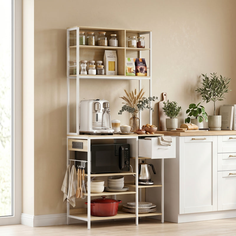 Kitchen Baker’s Rack with Shelves and Power Station for Organised Worktops Oak White