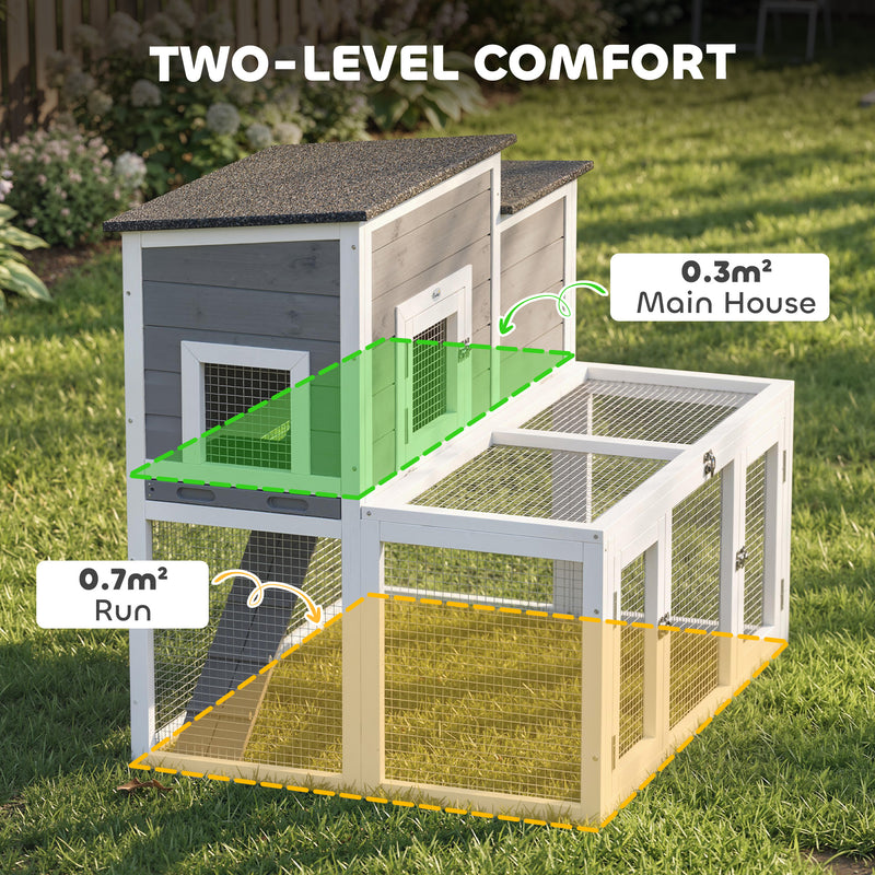 Two Level Rabbit Hutch with Easy Clean Tray and Secure Run for Indoor or Outdoor Use Grey AOSOM