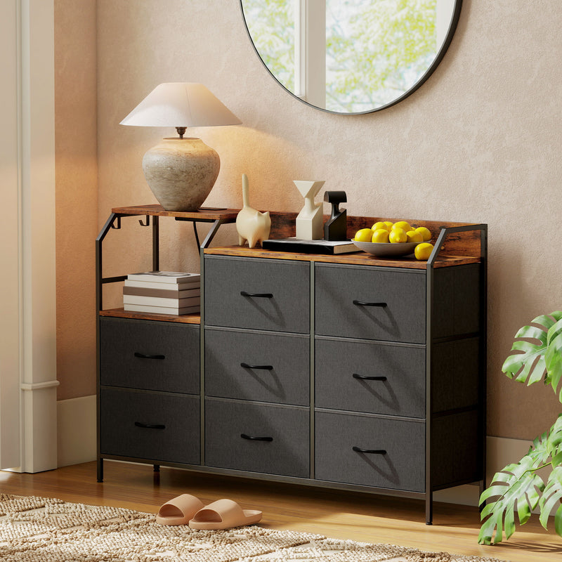 8 Drawer Chest with Built In USB Charging - Fabric Drawers - Stylish Storage For Bedroom or Office - Brown & Black