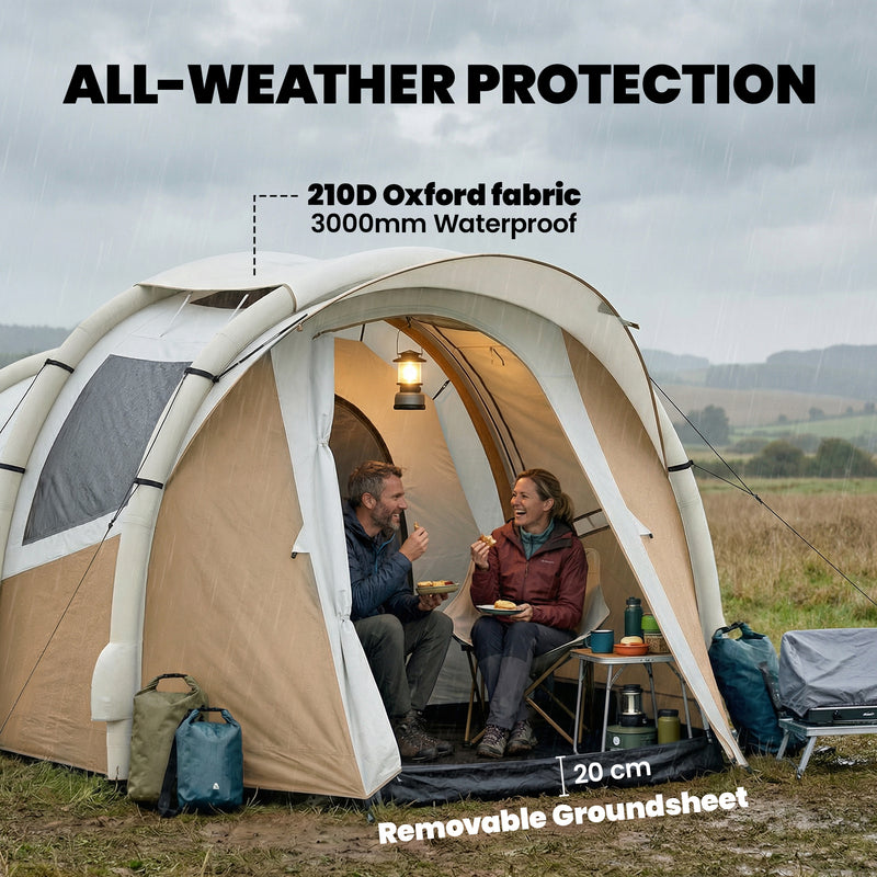 Inflatable Two Room Camping Tent for Quick Five Minute Setup Waterproof for 2 to 3 People Khaki Beige