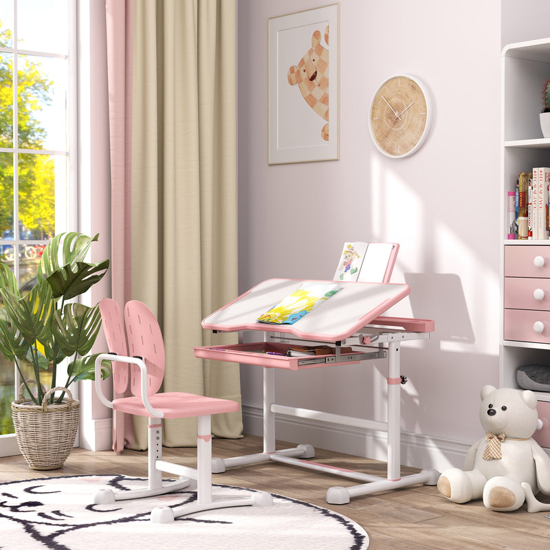 Pink Height Adjustable Kids Desk and Chair Set with Tilted Desktop by AIYAPLAY