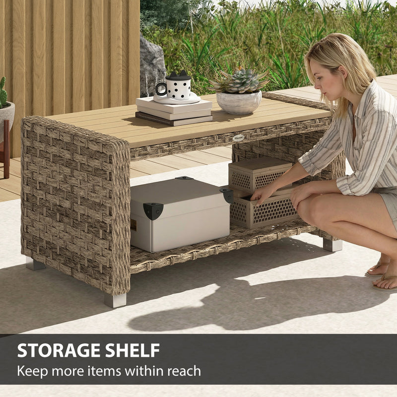 Rattan Coffee Table with Two-Tier Storage for Outdoor Seating Areas Light Brown AOSOM