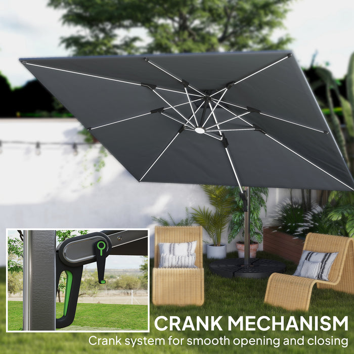 Grey 3m Garden Cantilever Parasol with Solar LED Lights and 360 Degree Rotation by Outsunny