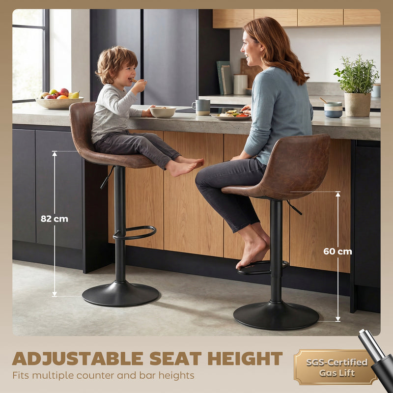 Adjustable Bar Stools Set of 2 with Swivel and Easy Clean Leathaire for Kitchen Counters Brown