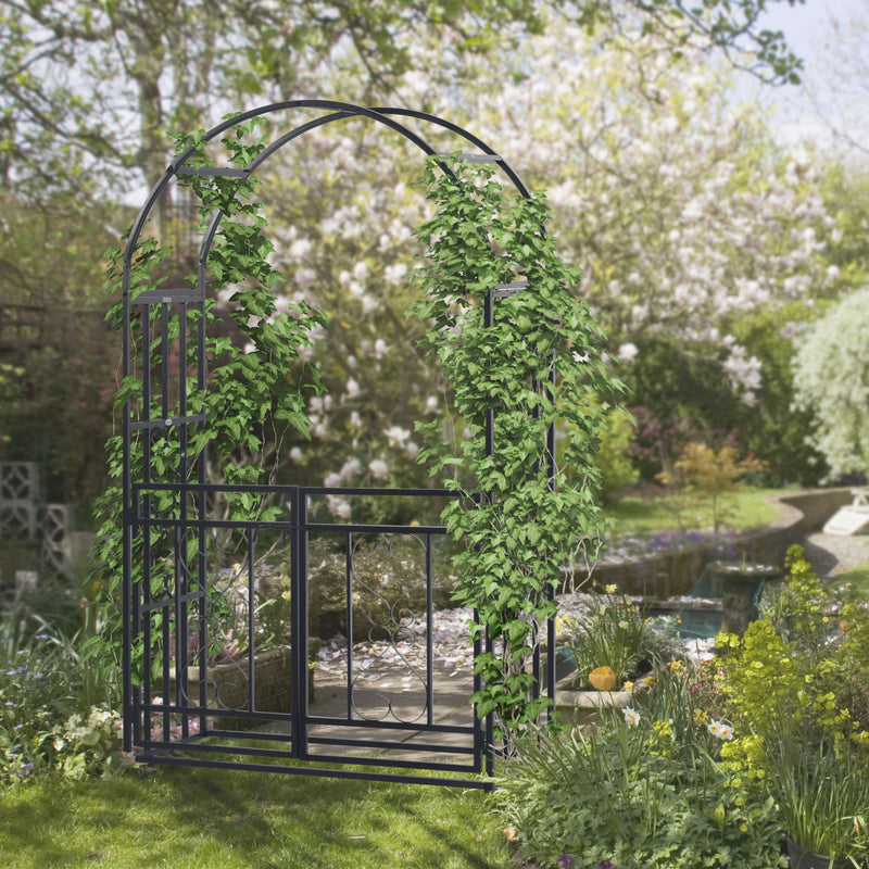 Dark Grey Metal Garden Arch with Double Gates for Climbing Plants and Vines
