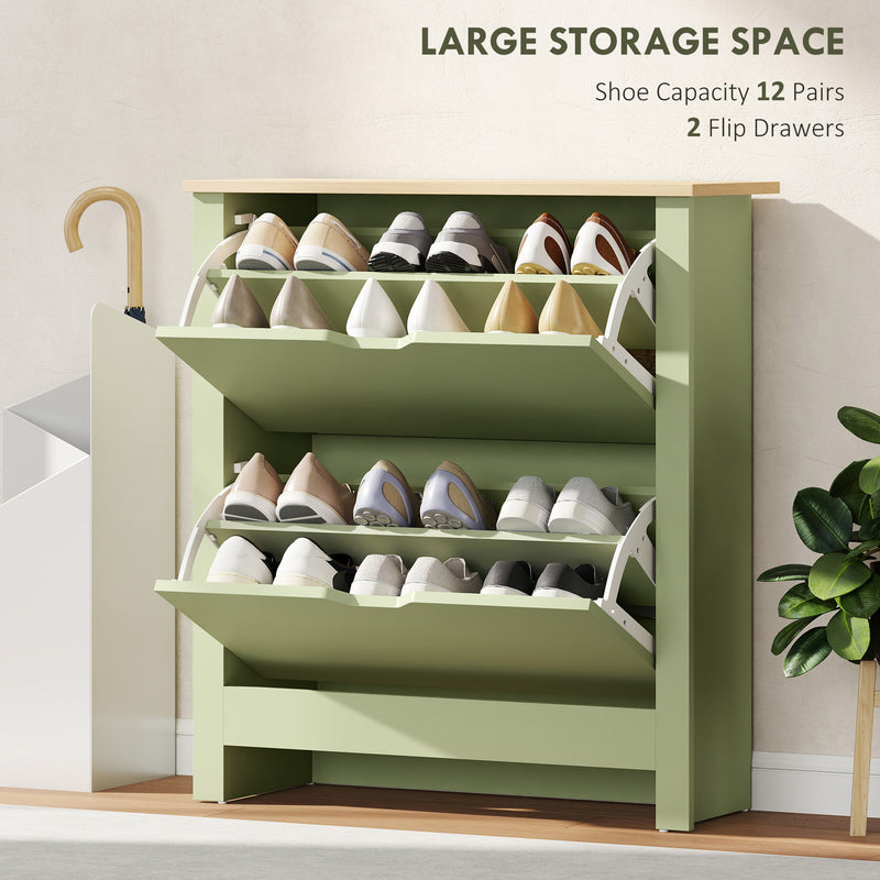 Green Slim Shoe Cabinet with 2 Flip Drawers and Adjustable Shelves for Hallway Storage 72x26x80cm