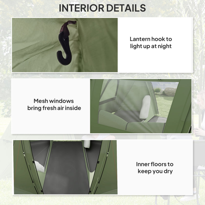 Family Camping Tent with Two Bedrooms and Living Area for 2–3 People Waterproof Green
