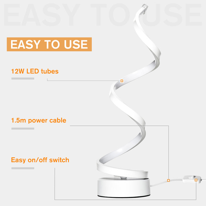 Set of 2 Modern LED Table Lamps with Wave Design and Metal Base for Bedroom, White AOSOM