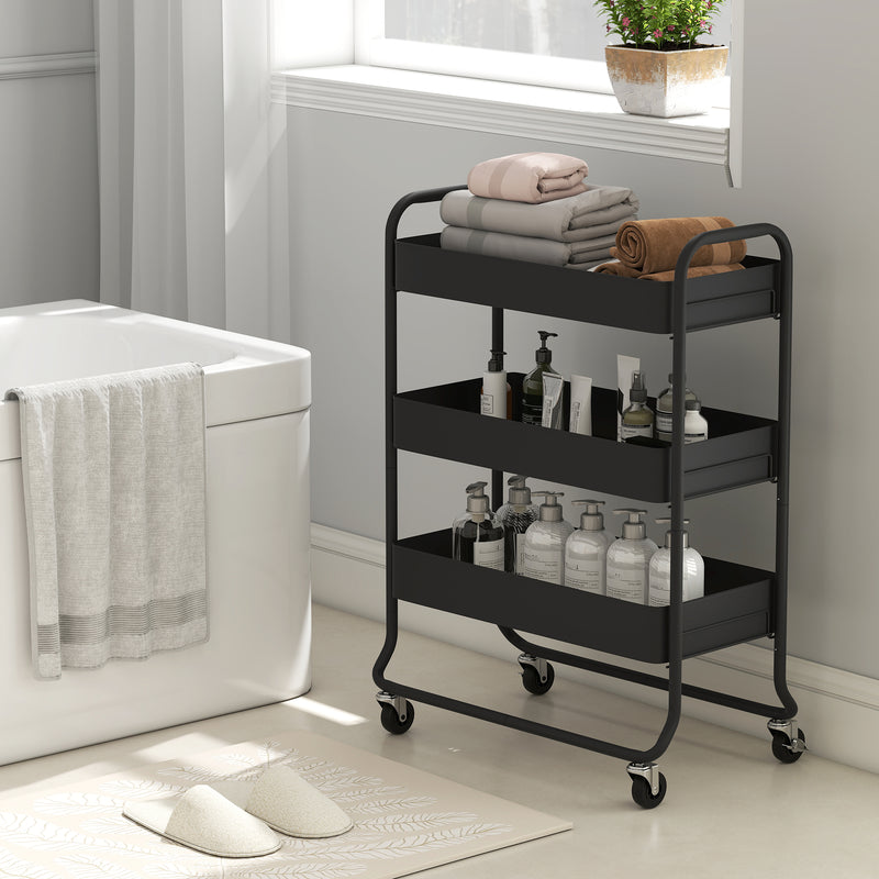 3 Tier Metal Storage Trolley With Wheels And Mesh Baskets For Home Organisation Black