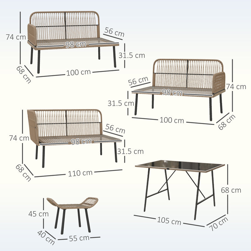 6 Seater Rattan Garden Sofa Set With Cushions and Glass Table by Outsunny