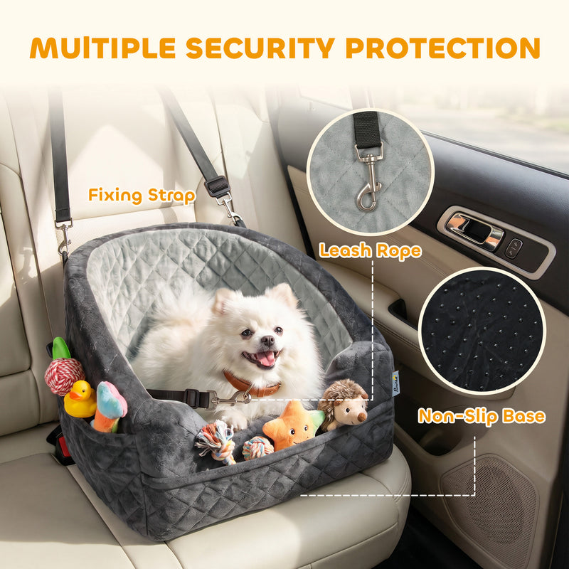 Dog Car Seat for Small Pets with Washable Cover and Adjustable Leash Grey