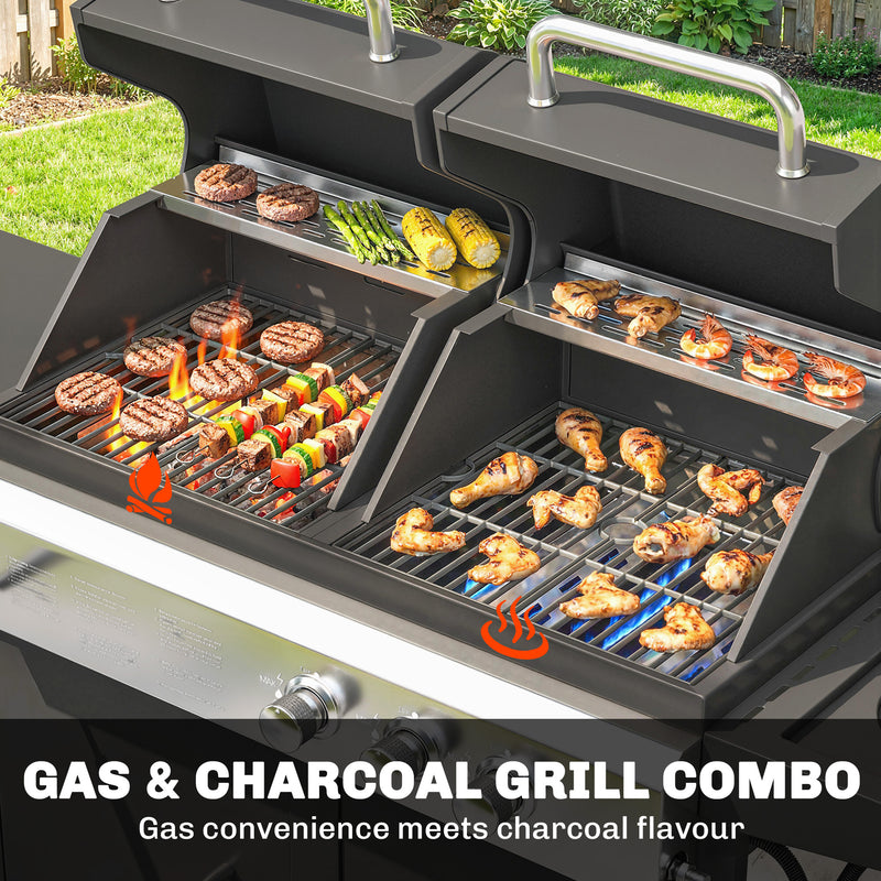 Dual Fuel BBQ Grill with 2900cm² Cooking Area, Side Burner and Storage Cabinet, Black Outsunny
