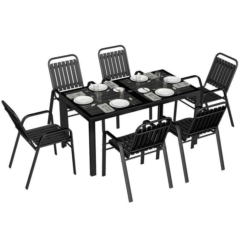 Outdoor Dining Set for 6 with Stackable Chairs and Easy Clean Table With Umbrella Hole, Black
