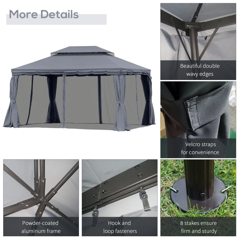 Dark Grey 3 x 4m Aluminium Garden Gazebo with Nets and Curtains by Outsunny