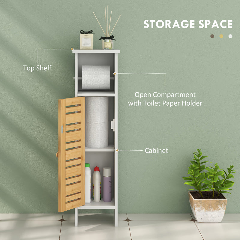 White Bathroom Storage Cabinet With Toilet Roll Holder Ideal For Compact Spaces