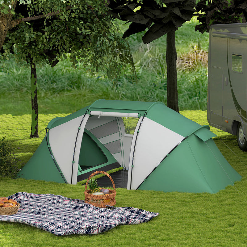 Tunnel Tent with Two Bedrooms and Living Area for Group Camping 4–6 Person Green White