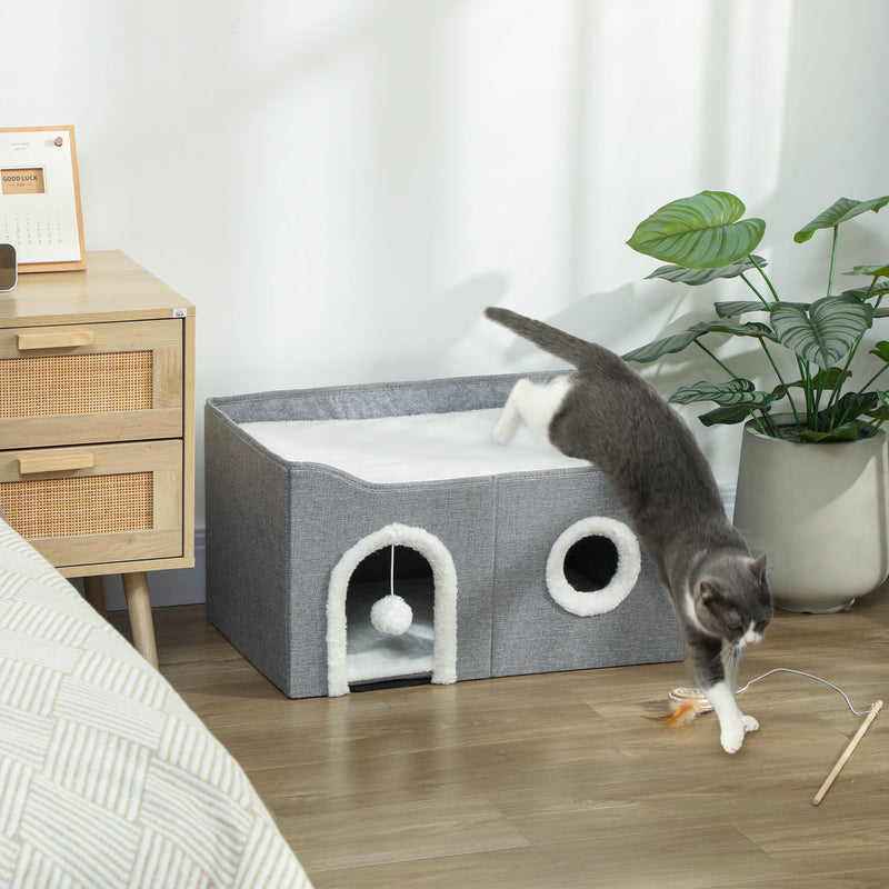 Foldable Indoor Cat House with Scratch Pad and Hanging Toy for Small Pets Grey