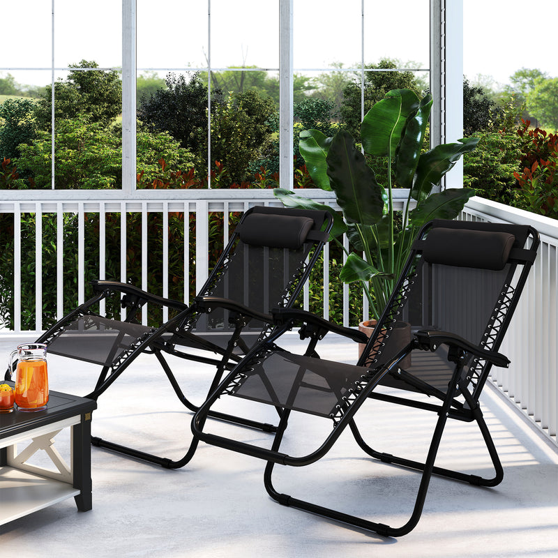 Set of 2 Zero Gravity Reclining Garden Chairs with Head Pillow for Outdoor Use, Black