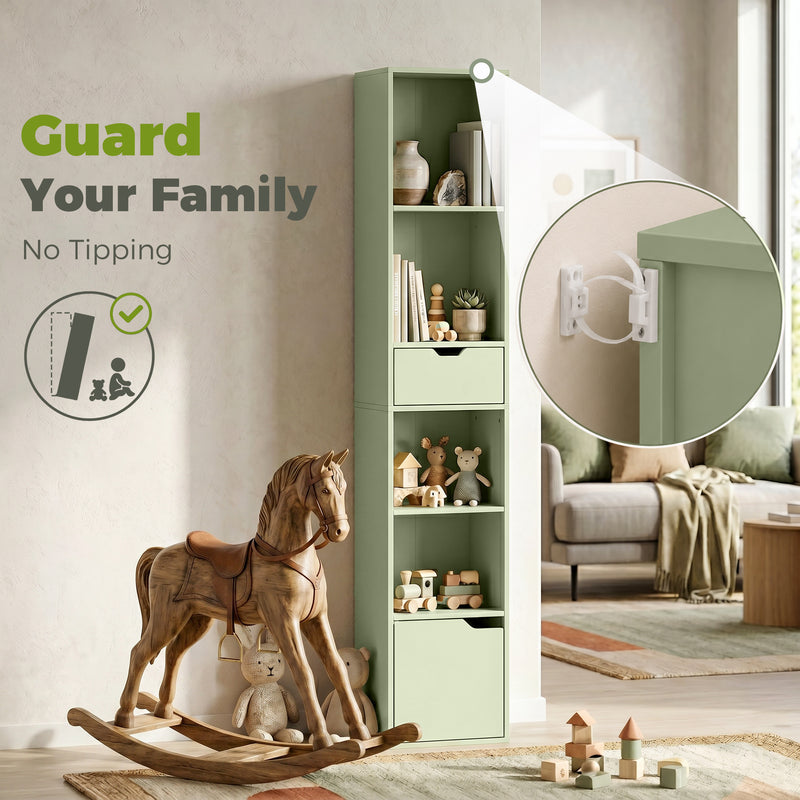 Slim Bookcase With Drawer and Cupboard for Small Room Storage Green