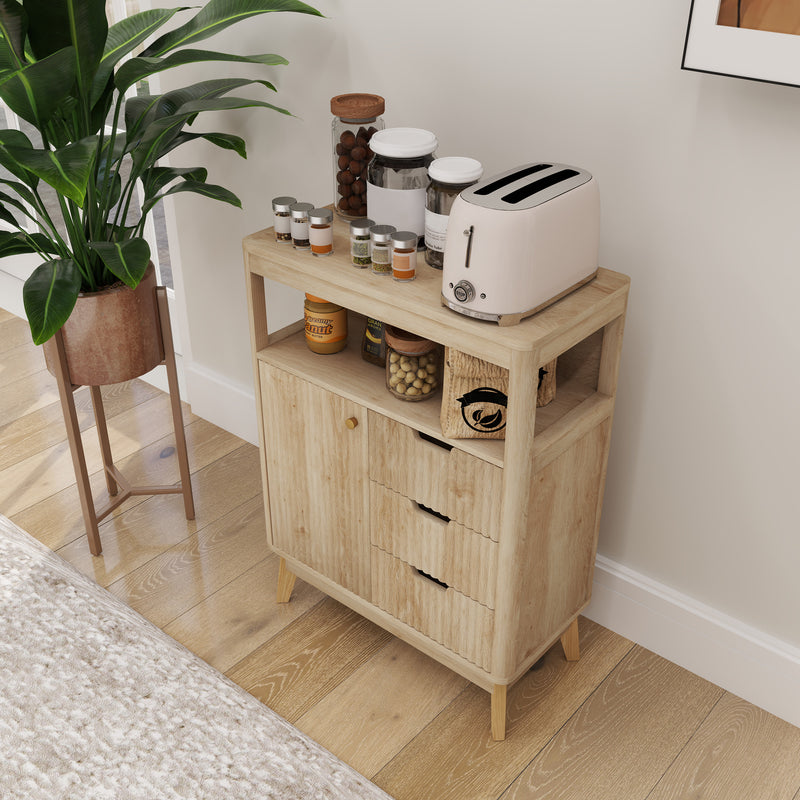 Small Wooden Sideboard with Drawers and Adjustable Shelf in Natural Finish