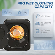 4kg Compact Vented Tumble Dryer with Smart Mode and Stainless Steel Drum for Home, Black