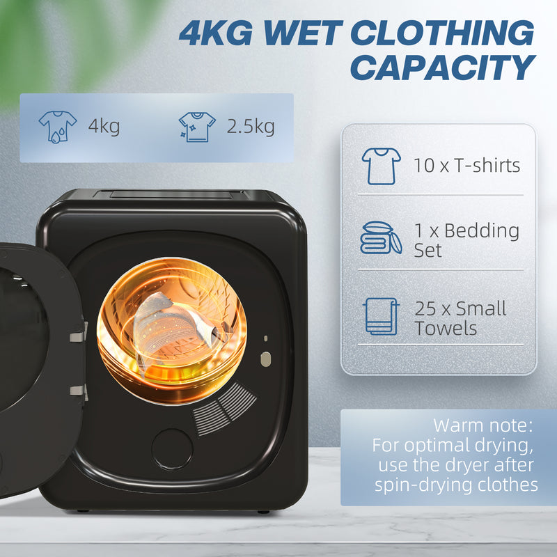 4kg Compact Vented Tumble Dryer with Smart Mode and Stainless Steel Drum for Home, Black