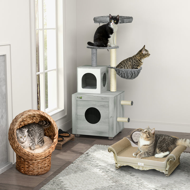 Enclosed Cat Litter Box with Bed and Scratching Posts for Indoor Cats, Grey