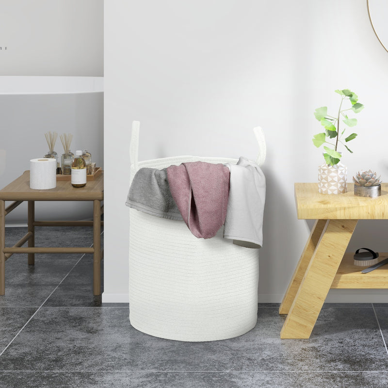 36L Cotton Rope Laundry Basket With Handles Ideal For Bedroom Or Bathroom, Cream White