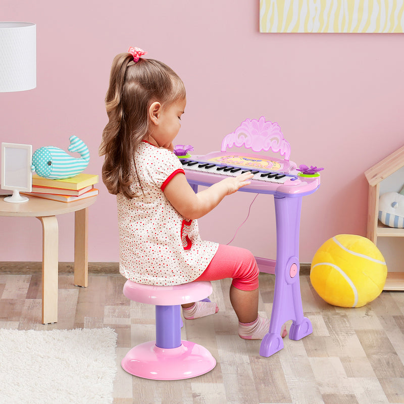 32 Key Kids Electronic Keyboard Piano With Microphone And Stool For Musical Play
