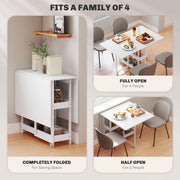 White Folding Drop Leaf Dining Table With Storage Shelves For Small Kitchens