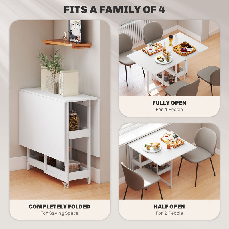 White Folding Drop Leaf Dining Table With Storage Shelves For Small Kitchens