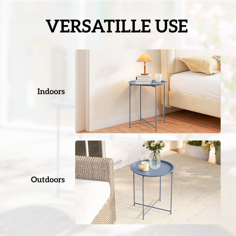Folding Steel Garden Side Table with Removable Tray Top for Indoor or Outdoor Use Blue Grey