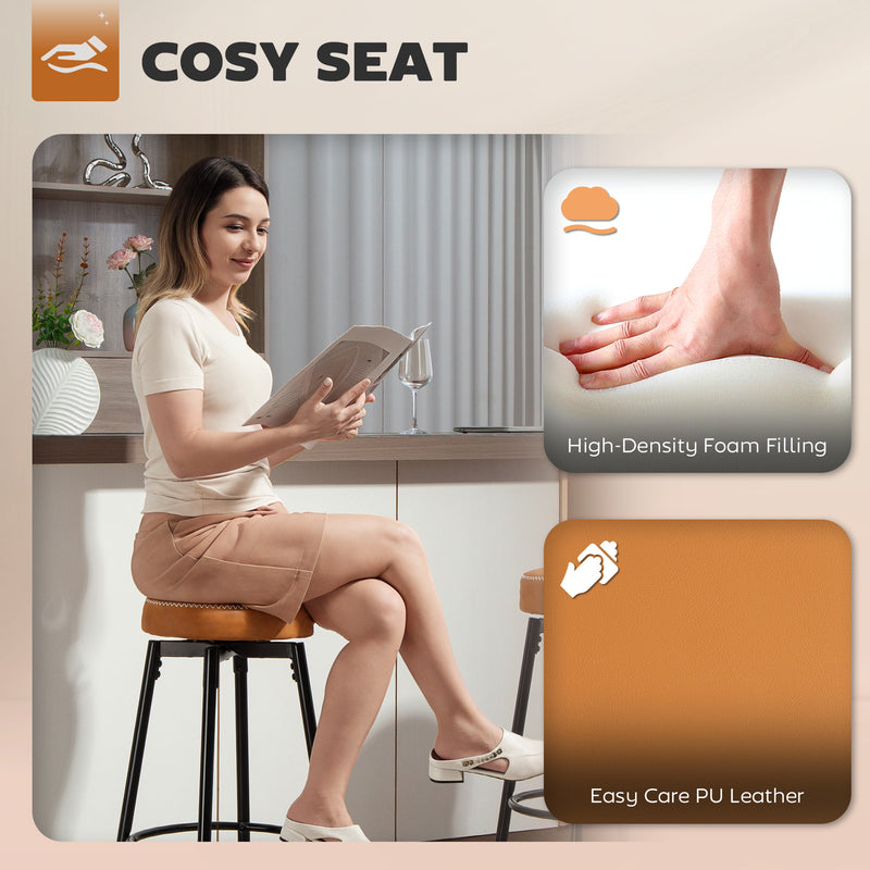 Pair of Adjustable Faux Leather Bar Stools with Footrest for Home Bar or Kitchen, Brown Seat With Black Legs