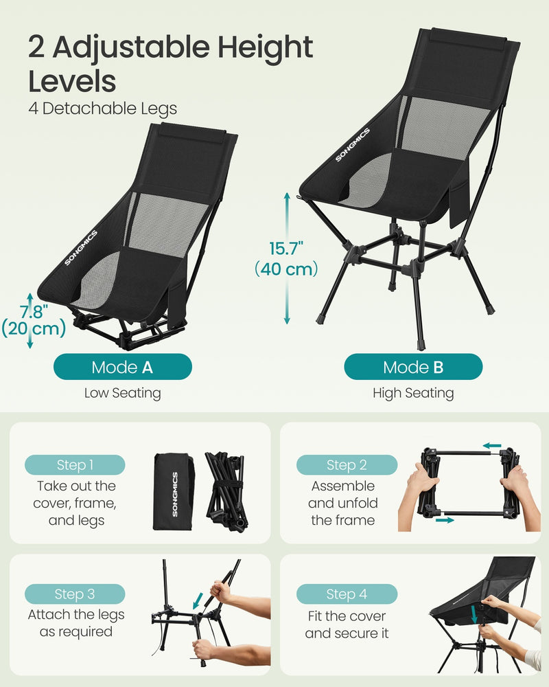 Black Folding Camping Chair Portable Lightweight with Mesh Back, Cup Holder & Pocket by SONGMICS Songmics