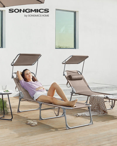 Folding Sun Lounger With Adjustable Sunshade & Lightweight Frame in Taupe by SONGMICS Songmics