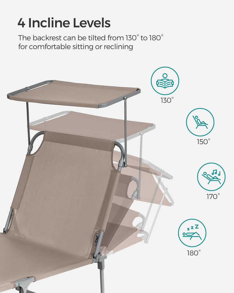 Folding Sun Lounger With Adjustable Sunshade & Lightweight Frame in Taupe by SONGMICS Songmics